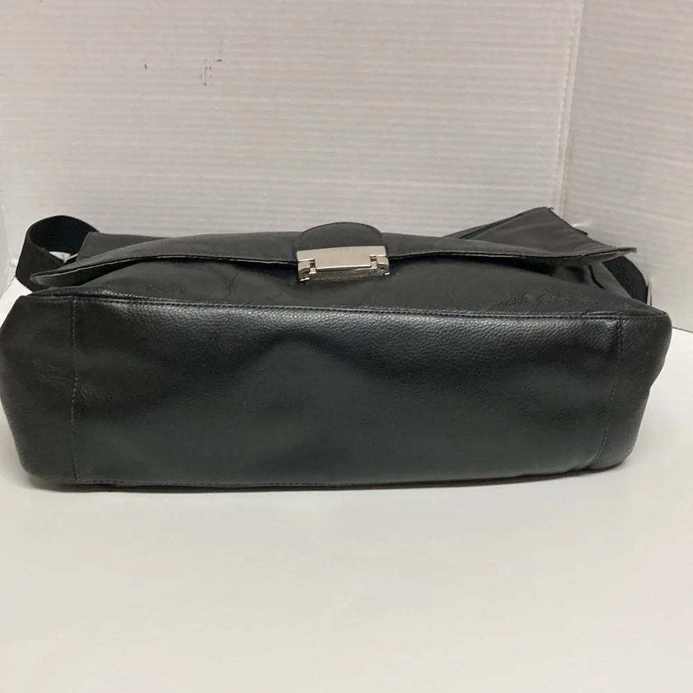 PERRY ELLIS POLFOLIO Black Leather Briefcase Messenger Bag UNISEX